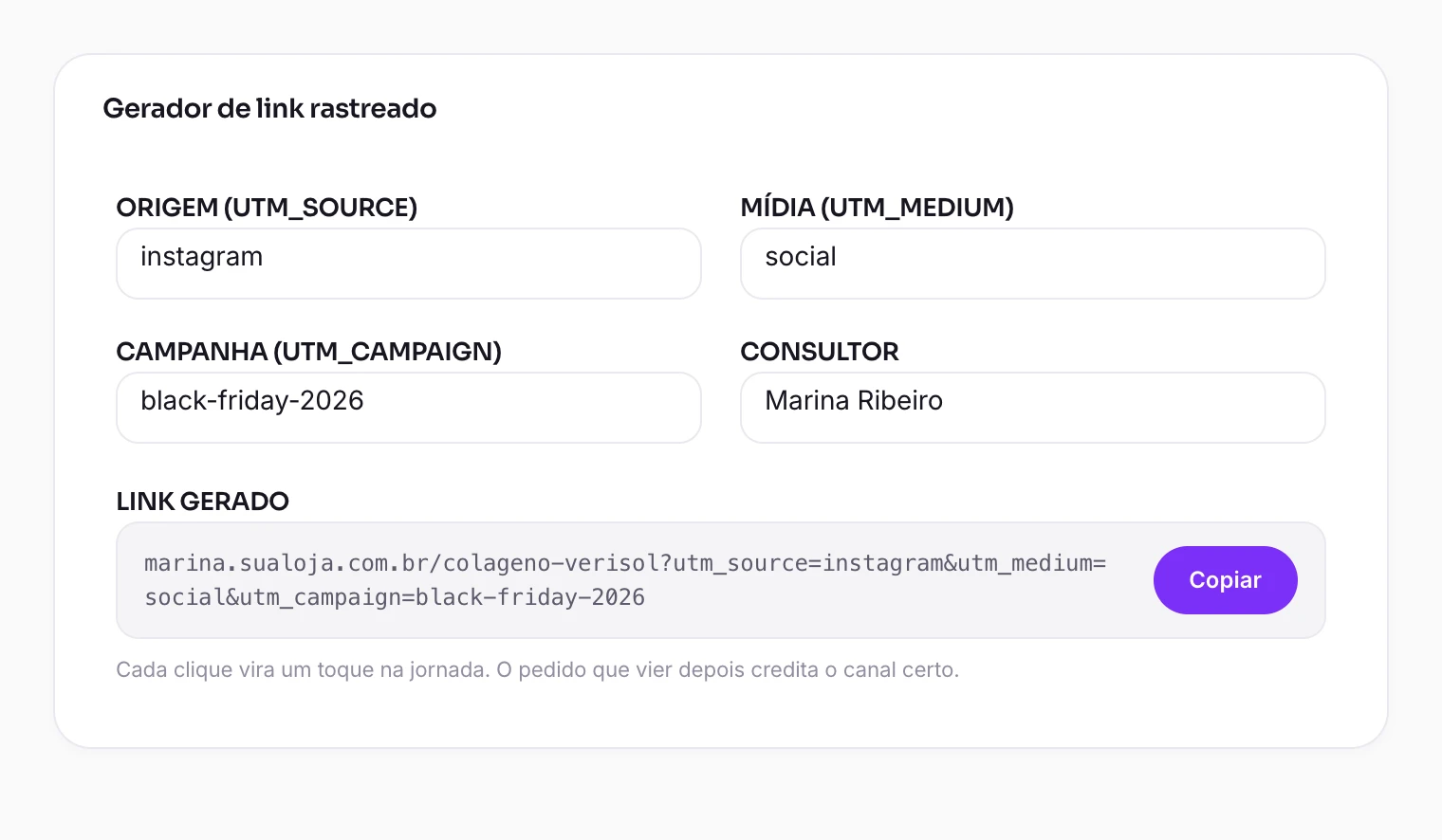 Gerador de link rastreado com os campos origem, mídia, campanha e consultor preenchidos, e o link final pronto para copiar.