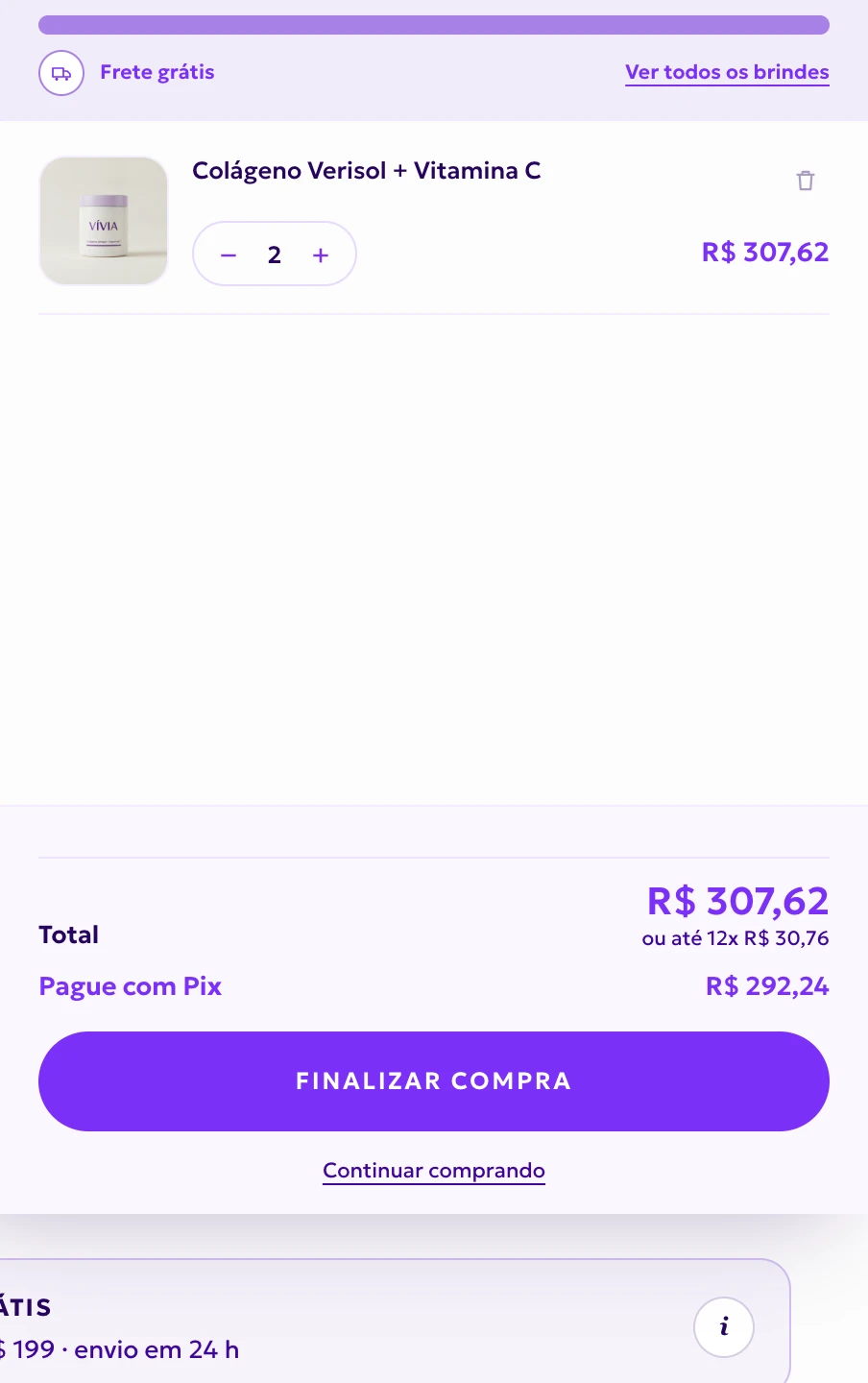 Carrinho lateral com a barra de vantagens desbloqueadas, frete grátis, um item com quantidade e preço, total com parcelamento, valor no Pix e botão finalizar compra.