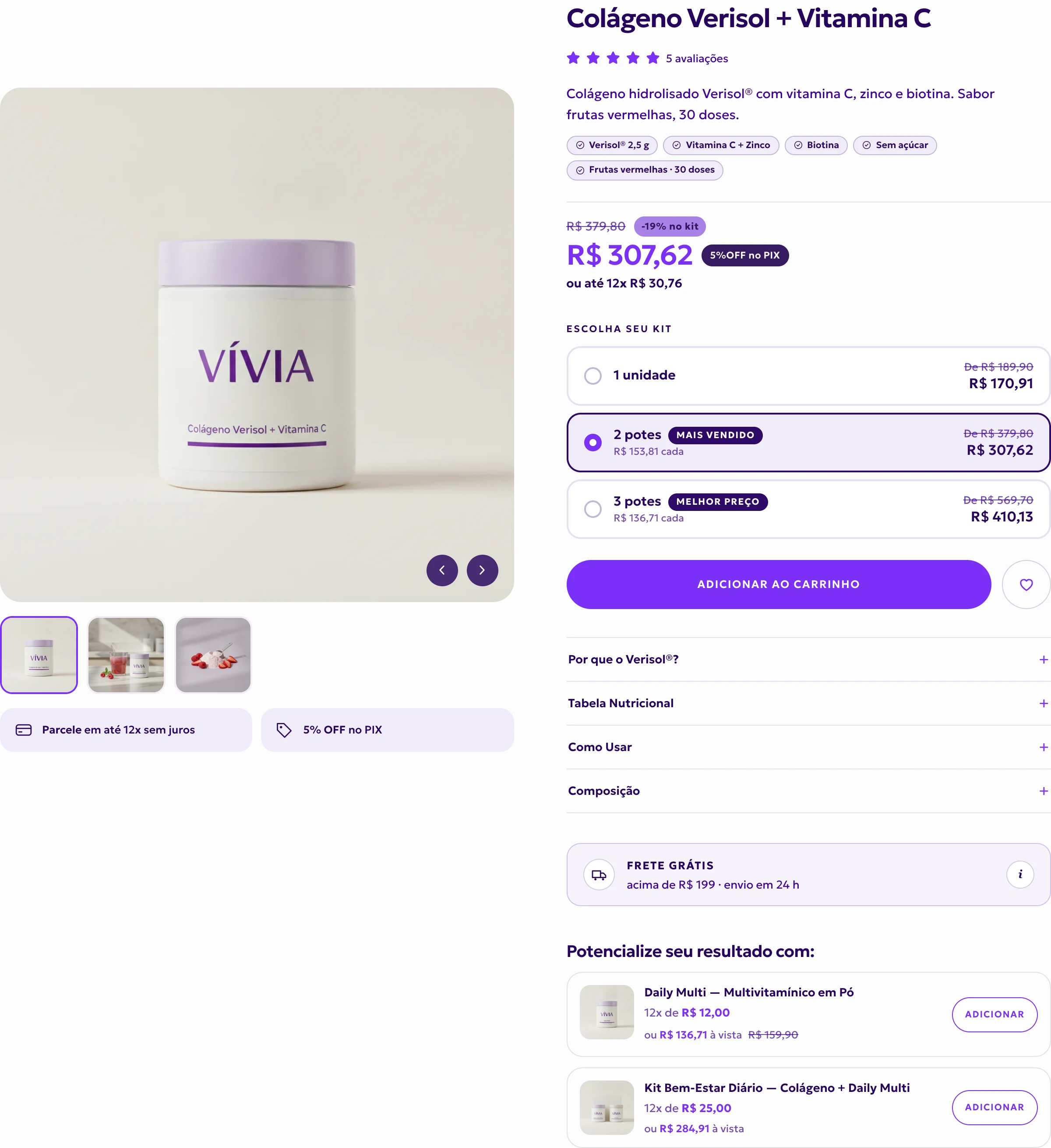 Página de produto com galeria, selos de composição, preço com desconto no Pix, seletor de kit de 1, 2 ou 3 potes, botão de adicionar ao carrinho, acordeões de informação, aviso de frete grátis e sugestão de produtos complementares.