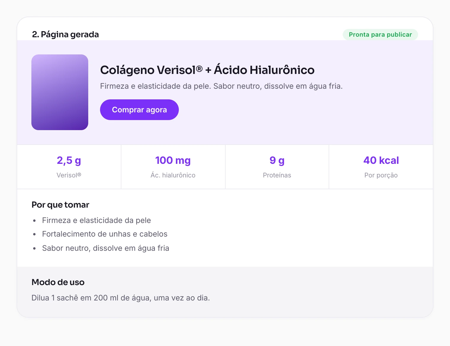 A página de produto gerada, com topo, botão de compra, faixa com as doses, seção de benefícios e modo de uso.